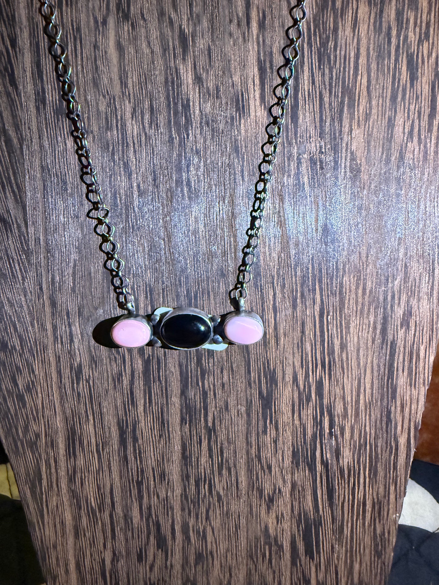 Pink Conch & Black Onyx 3 Stone Necklace