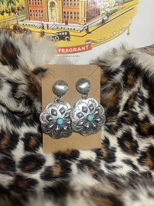 Silver Flower with Turquoise Stone Earrings