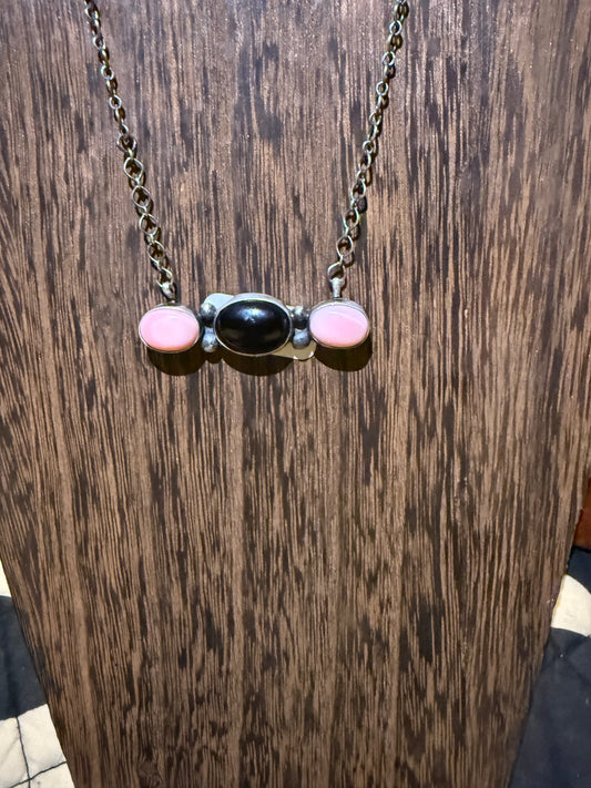 Pink Conch & Black Onyx 3 Stone Necklace